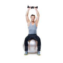 Fitness, weights and portrait of man on ball on isolated, png and transparent background for weightlifting. Muscle, wellness and male person with dumbbells for exercise, training or balance workout