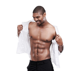 Body, muscle and black man with open shirt, abs and fitness results on isolated, transparent and png background. Wellness, pose and African male model dressing, shirtless and positive sexy aesthetic