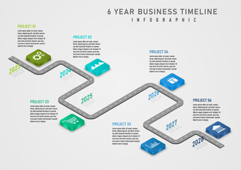 Wall Mural - 3d infographic timeline 6 years gray road top letter Multi-colored isometric squares have icons in the center. year numbers with shadow gray gradient background for business, marketing, project