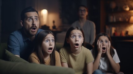 Shocked family watching horror movie on sofa at night in living room, Generative AI