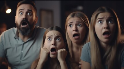 shocked friends watching horror movie in cinema at night, panorama. Generative AI
