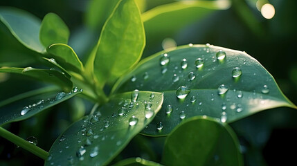 Wall Mural - Beautiful water drops after rain on green leaf in sunlight, macro. Many droplets of morning dew outdoor, beautiful round bokeh, selective focus. Amazing artistic image of purity and fresh of nature