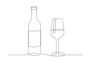 Wall Mural -  Continuous one line drawing of wine glass and bottle. drink in cup in linear style vector illustration. Premium vector. 