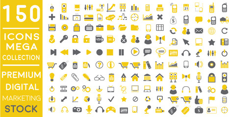 Premium Digital Marketing web icons in FLAT/LINE style icon pack with Social, networks, feedback, communication, marketing, and e-commerce. Vector illustration  yellow  icons set of  150 icon pack.