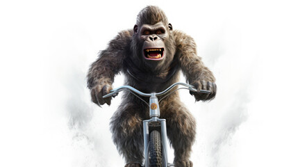 Wall Mural - a gorilla on a  bicycle in the street on isolated background