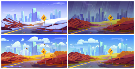 Four season set of highway to modern city. Vector cartoon illustration of road perspective in autumn, winter, spring, summer, cityscape with snow, yellow foliage, green grass, rainy weather on horizon