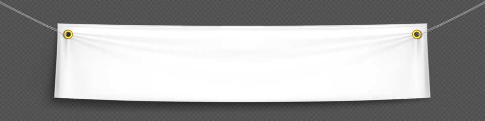 White realistic hang blank fabric horizontal canvas banner sign vector on rope for advertising. 3d empty textile material poster mockup set isolated on transparent background. Hanging cloth signboard