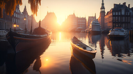 Boating on Amstel river in Amsterdam at sunrise in urban metropolitan city buildings in autumn Netherlands. Travel Photograph