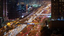 Night Illuminated Dubai City Main Traffic Road Rush Hour Rooftop Panorama 4k Timelapse Uae 