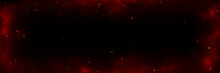 Background With Fire Sparks, Embers And Smoke. Overlay Effect Of Burn Coal, Grill, Hell Or Bonfire With Flame Glow, Flying Red Sparkles And Fog On Black Background, Vector Realistic Border, Poster