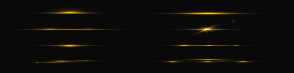 Poster - Gold line light glow with sparkle and flare shine. Horizontal golden neon streak effect isolated on transparent background. Magic flash laser strip divider with glitter shimmer design illustration