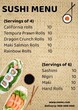 Illustration of sushi menu with list and prices, website name and number on abstract
