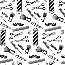 Barbershop Seamless Pattern, Black On White Repeating Pattern. Print For Men S Barber Shop. A Set Of Accessories For Men S Hairdresser On White Background.