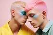 Rainbow passion: pink haired men's indulgent kiss of pride amidst pastel hues and stunning blue eyes surrounded by fashionable apparel. Lgbt homosexual queer genderless pride celebration