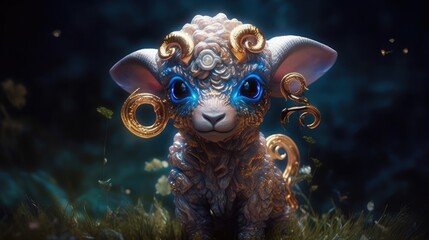 baby sheep with blue eyes standing on grass and dark