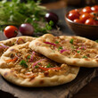 oriental flatbread with specialists, tomatoes and herbs on a wooden table, close-up
