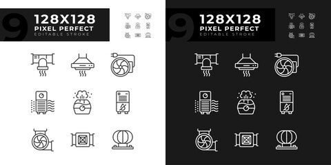 Sticker - Air filtration linear icons set for dark, light mode. Fresh air. Respiratory health. Home equipment. House appliance. Thin line symbols for night, day theme. Isolated illustrations. Editable stroke