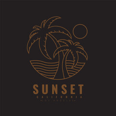 Retro vintage California sunset logo badges on black background graphics for t-shirts and other print production. Tourism beach concept. Graphic vector flat design style.