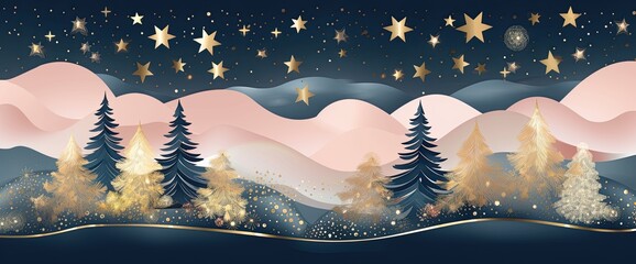 Wall Mural - christmas scene with stars, in the style of dark indigo and light gold, light pink and light aquamarine, classic japanese simplicity, elegantly formal, poster, light-focused