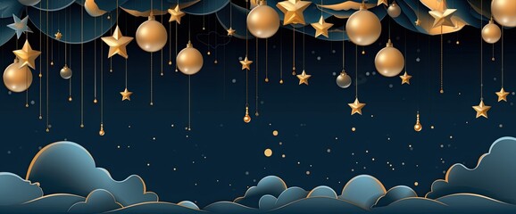 Wall Mural - christmas scene with stars, in the style of dark indigo and light gold, light pink and light aquamar