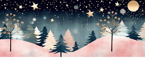 Wall Mural - christmas scene with stars, in the style of dark indigo and light gold, light pink and light aquamar