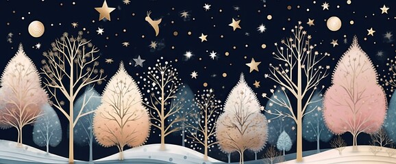 Wall Mural - christmas scene with stars, in the style of dark indigo and light gold, light pink and light aquamar
