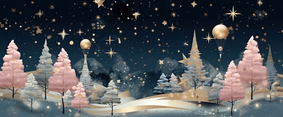 Wall Mural - christmas scene with stars, in the style of dark indigo and light gold, light pink and light aquamar