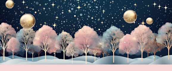 Wall Mural - christmas scene with stars, in the style of dark indigo and light gold, light pink and light aquamar