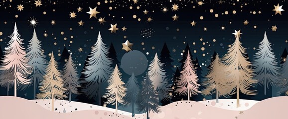Wall Mural - christmas scene with stars, in the style of dark indigo and light gold, light pink and light aquamar