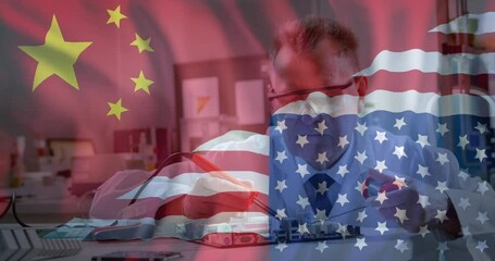 Sticker - Animation of caucasian male scientist over flag of china and united states of america