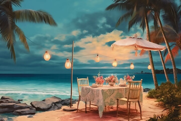 Wall Mural - Luxury romantic candlelight dinner table setup for couple in ocean view restaurant on Valentine's day with Champaign & wine glasses and beautiful food decoration,Generative AI