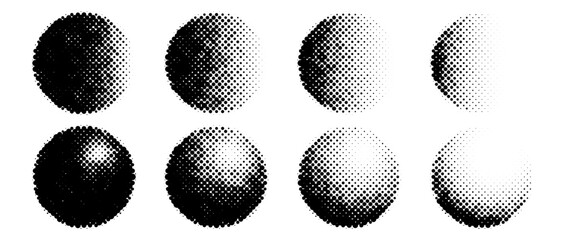 Poster - Halftone circle shapes set. Dotted textured spheres collection. Round fading gradient in comic and pop art style. Black spotted design elements bundle. Rasterized and pixelated background pack. Vector