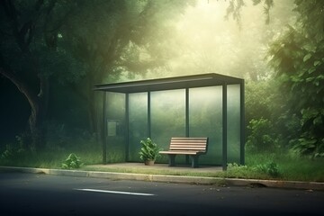 Poster - Bus stop in forest. Generate Ai