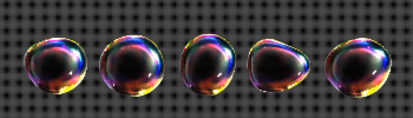 Poster - 3d iridescent fluid glass spectrum foam vector. realistic transparent soap bubble with dreamy neon r