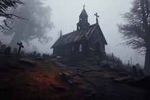 Creepy Church On A Hill In Night With Fog