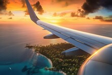 Airplane Wing Flying Plane Jet Over Tropical Islands In Ocean, View From Window At Sunset In Summer
