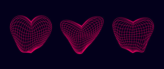 Leinwandbilder - Distorted neon pink wireframe heart shapes set. Wrap grid design elements. Love and romantic or cardiology concept for posters, templates, flyers, banners. Vector bundle 