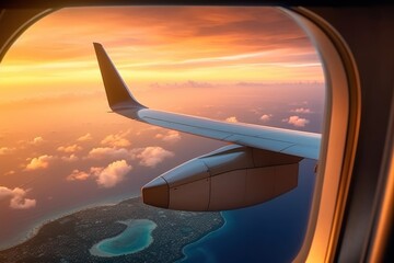 Fototapete - Airplane wing flying plane jet over tropical islands in ocean, view from window at sunset in summer