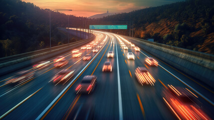 Wall Mural - Aerial view of traffic jam at multiple lane highway at sunset, long exposure, blurred motion