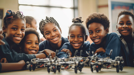 Team of black students building robots at robots club in school