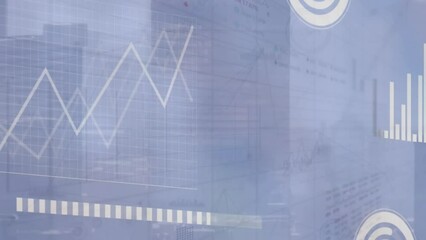 Poster - Animation of statistical and stock market data processing against aerial view of cityscape