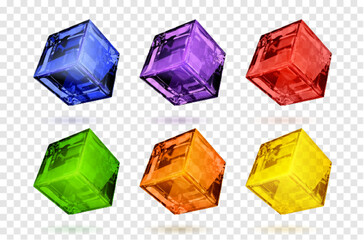 Poster - 3d color glass cube box vector graphic design set. Glossy crystal square block in blue, red, orange and purple design. Abstract cool clear shiny geometric object isolated on transparent background