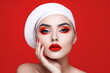 Beautiful woman with red lips and red makeup. Fashion model. White red color palette
