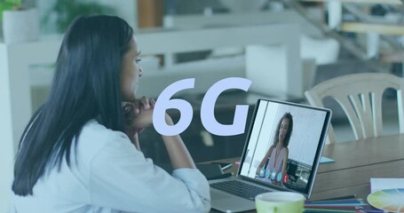 Poster - Animation of 6g text banner against biracial woman having a video call on laptop