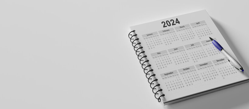 Wall Mural -  - Calendar Year 2024 schedule with note for to do list on white background. Flat lay with calendar, pencil on calander 2024. Close up of pencil on page of calendar 2023
