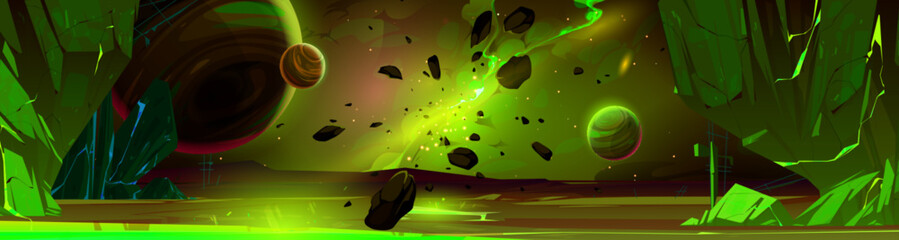 Poster - Green alien planet surface with toxic neon substance in cracks, stones scattered after explosion or collision with meteorite. Vector cartoon illustration of space apocalypse. Adventure game background