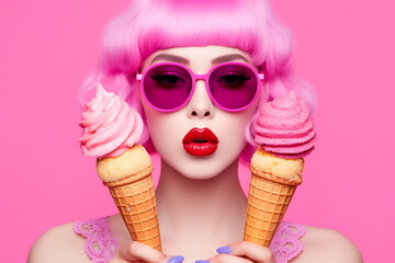 Beautiful woman with vivid makeup holding an ice cream. Fashion model. Pink color palette
