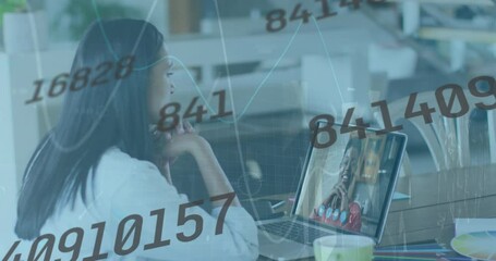 Poster - Animation of changing numbers against biracial woman having a video call on laptop at office