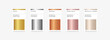 Gold, silver, bronze, rose gold gradient color palette catalog samples in frame. Hex and rgb colour.