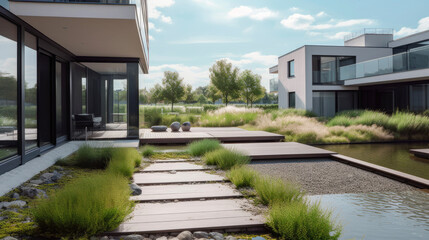 Wall Mural - Minimalistic and contemporary, sleek and serene private garden that embodies the principles of Scandinavian design: functionality, simplicity, and connection to nature. Generative AI